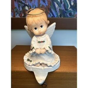Vintage Holly Babes Angel Halo Christmas Stocking Hanger Holiday Cast Iron Base